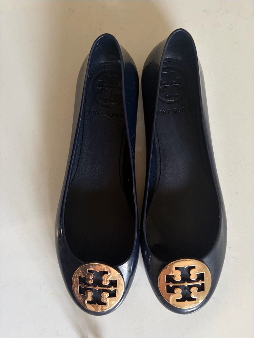 Tory Burch Navy Jelly Flats with Gold Logo Medallion